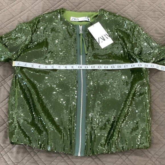 Zara NWT Emerald Green Sequin Bomber Jacket Size M - Picture 13 of 17